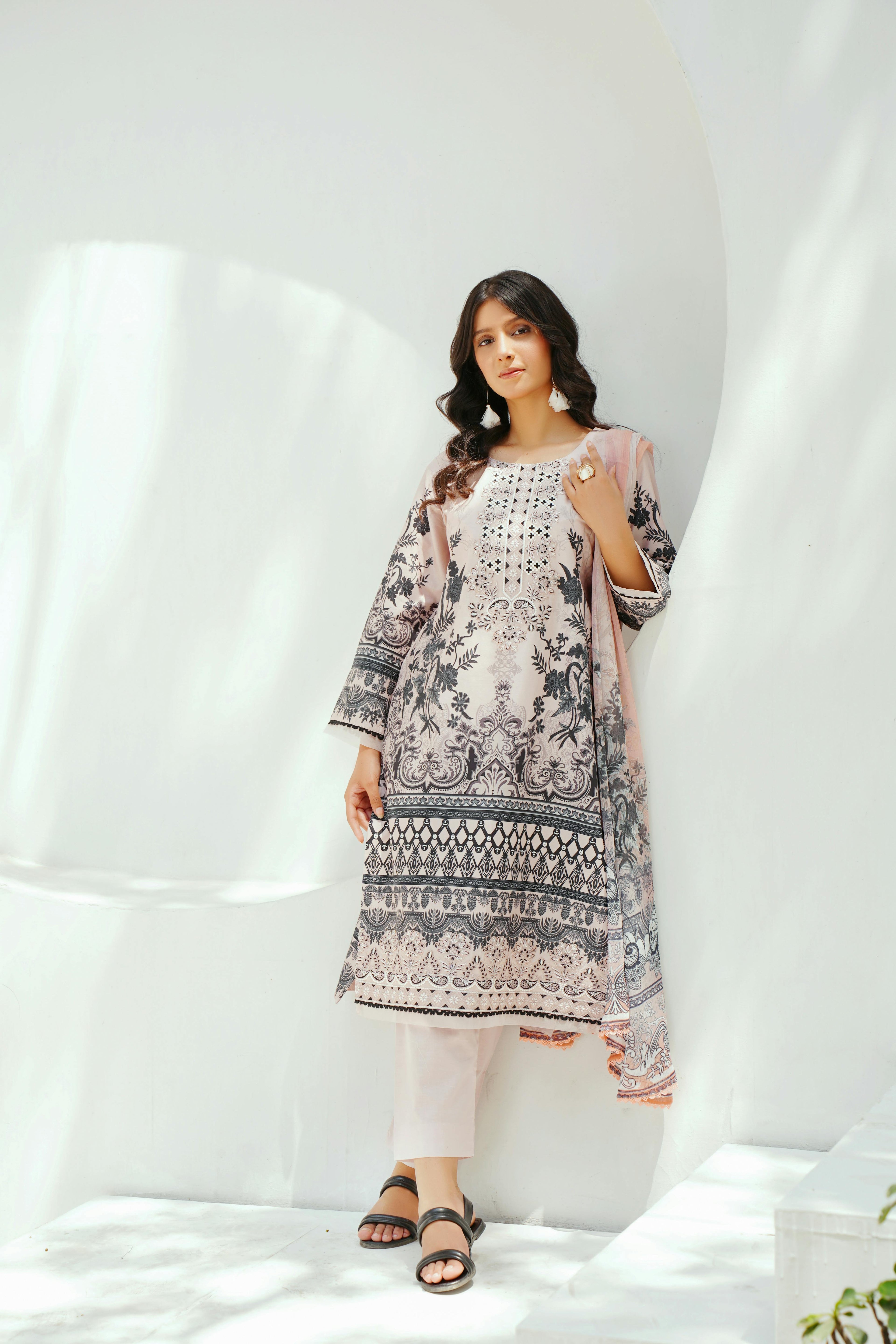 White with Black Kurta Set